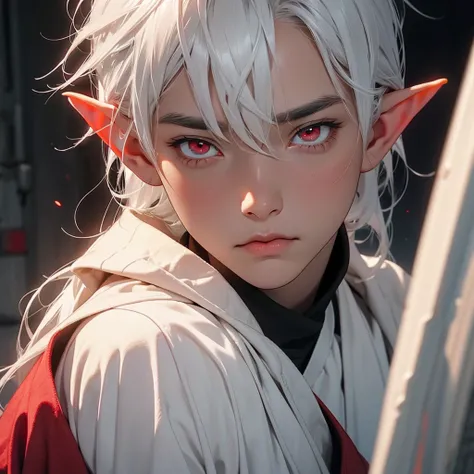 one young elf, grey skin, white hair, red eyes dark clothes, tired, sad