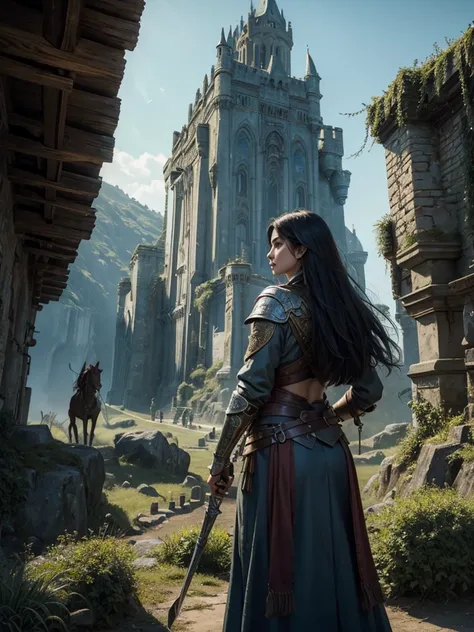 A warrior woman with her back turned, looking into the distance a kingdom, A beautiful castle stands out, guarded by a high wall and stone giants., watchtowers can be seen, the view is wide, from the bottom of the jacket. The kingdom looks big and prospero...