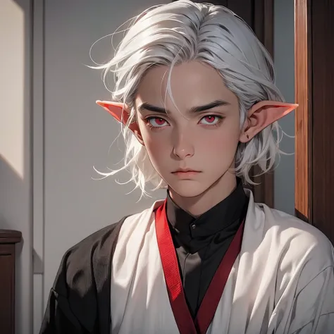 one young elf man, grey skin, white hair, red eyes dark clothes, tired, sad