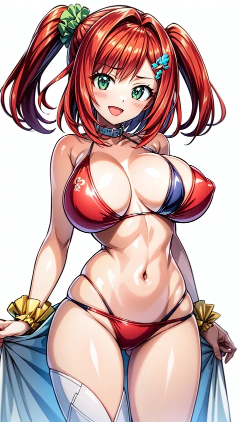 best quality, masterpiece, extremely detailed CG, official art , professional lighting, detailed background, 
sakimiyairuka, red hair, green eyes,(one side up), medium hair, side ponytail, green scrunchie, hair ornament, gleaming skin, big breasts, big ass...