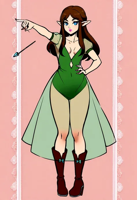 1 girl, elf girl, female, archer, bow, arrow, dress, transparent dress, see trough, green dress, small breast, no bra, long hair, brown hair, leatter boots, standing, hips bones, blue eyes, finger nails, pink lips, disney style, ((full body)), downblouse