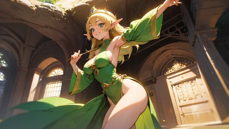 Anime Style,Nostalgic,A detailed background with many people,The medieval world,A palace-like cave,Smiling dancing elf girl,Large Breasts,Healthy thighs,Underarm