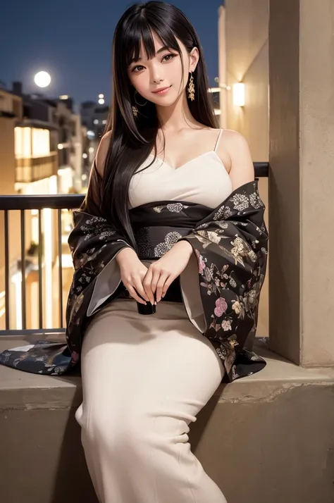 (masterpiece), best quality, expressive eyes, perfect face, At night, under the city lights, on a balcony of an apartment, a A beautiful black-haired woman in a kimono drinks beer, smiling, under the moon and stars, feeling the night breeze.