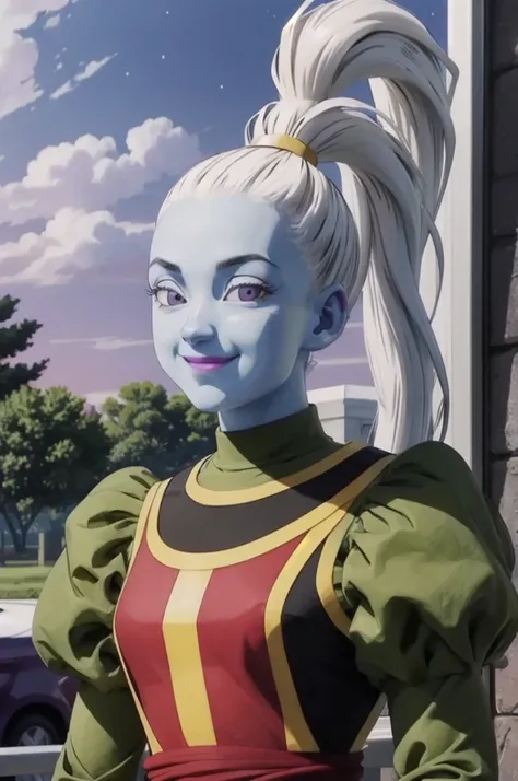 vados (dragon ball), colored skin, blue skin, long white hair, ponytail, puffy sleeves, dress, looking at viewer, smiling, close...