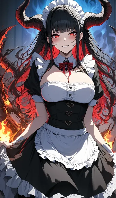 Masterpiece, very detailed, ultra detailed, one, (1 female maid), shes in a maid costume, long black hair and bangs, black demonic horns, beautiful, charming, bright red eyes, elegant, big breasts, bold smile, cold face, charming, against the background of...