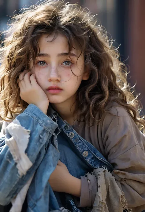 (Model shooting style), A sad homeless little girl ((dressing a old torn clothes)), (Shy), 1 Girl, Solitary, brown、curly、Messy hair, Very detailed face, beautiful eyes, [Chubby], Lovely, Ruddy cheeks，Bright, Sad eyes, Stunning beauty, (Rembrandt Lighting),...