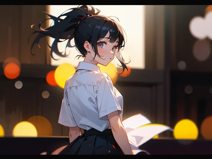 female, 1girl, solo, white shirt short sleeve, collar shirt, black pleated skirt, from behind view, cowboy shot, night, (bokeh:1.3), street, looking at viewer, cute face, dark theme, black hair, ponytail,