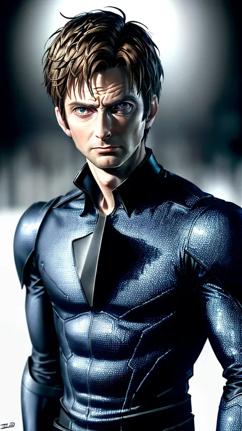 David Tennant, male superhero, short hair, hazel eyes, smirk, white skin, sexy, (best quality,4k,8k,highres,masterpiece:1.2),ultra-detailed,(realistic,photorealistic,photo-realistic:1.37),superhero,evil,villainous,intense gaze,detailed facial features,dram...