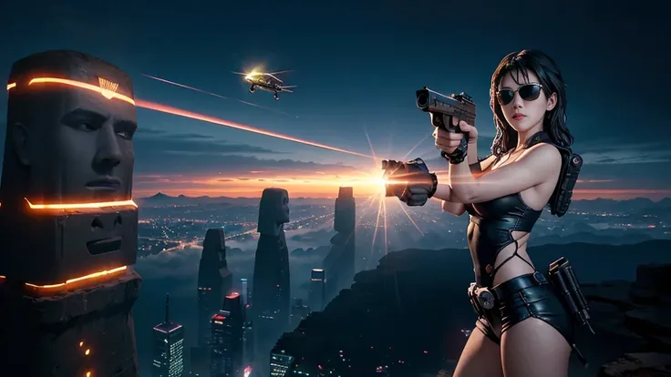 At night, dark sky, aerial view of fantasy cyberpunk style Moai-statue city, ((flying vehicle)). (1girl, solo), photo realistic, medium-breast:1.1 slim body, cleavage, sexy clothes, (black sunglasses), (((hip-up standing aiming pistol pose))), half-body th...