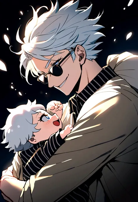 1 chico, Satoru gojo, White hair, long eyelashes, dark glasses, big smile, holding a baby in arms