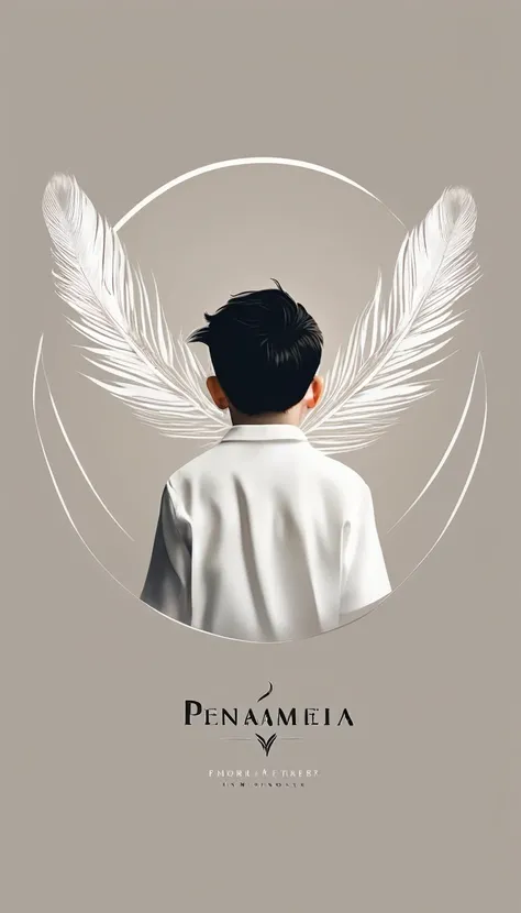 A minimalist, fantastic, poetic, dreamy, captivating, memorable, masterpiece, modern, simple logo design of a boy and a feather for the brand “Penamemoria". The logo must convey a sense of music, stories and dreams. Minimalistic logo design of a boy and a ...