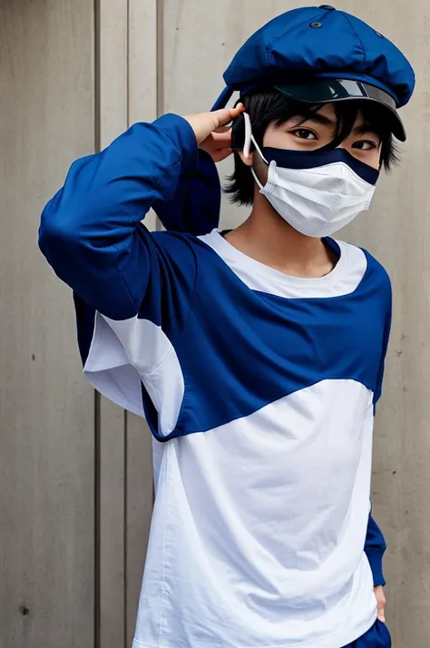 anime boy with mask and cap in his head 