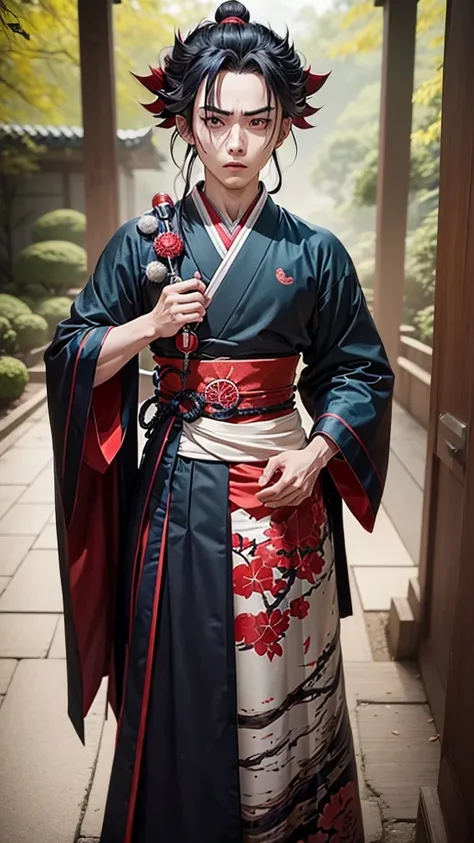 Kioguro rengoku from the anime kimetsu no yaiba how it would look in live action or real life, to show full body, At the bottom I leave you a photograph of his face 