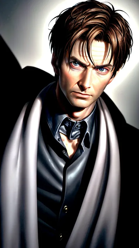 David Tennant, male superhero, short hair, hazel eyes, smirk, white skin, sexy, (best quality,4k,8k,highres,masterpiece:1.2),ultra-detailed,(realistic,photorealistic,photo-realistic:1.37),superhero,evil,villainous,intense gaze,detailed facial features,dram...