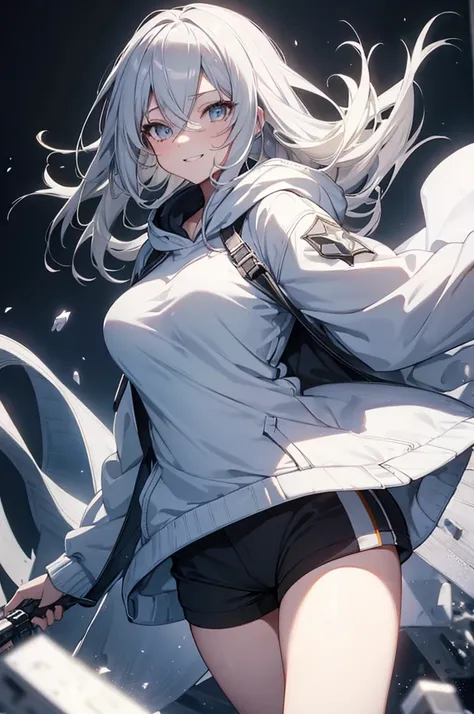  Concept Art, white Background, simple Background, White hair, Silver gradient hair , Composite cloth, Virtual YouTuber, best quality, masterpiece, Dynamic Angle, , cowboy_shooting, Watching_Back, grab, girl,Miss,woman, young,20 years old, , Hair Flip, Sil...