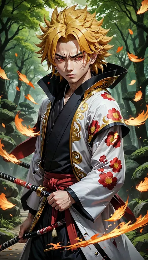 Kioguro rengoku from the anime kimetsu no yaiba how it would look in live action or real life, to show full body, At the bottom I leave you a photograph of his face 