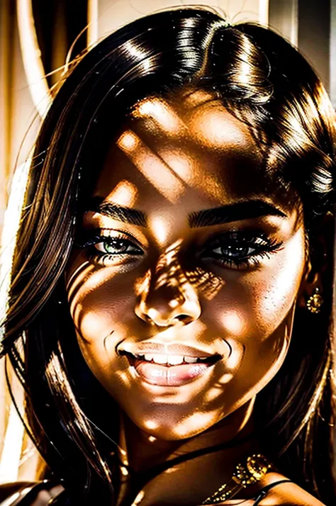 high resolution photo frontal portrait of a black woman that has a radiant oval face with a striking and captivating appearance, radiating elegance and charm. A beautiful 29 year old woman with delicate and feminine facial features. Her long, wavy black ha...