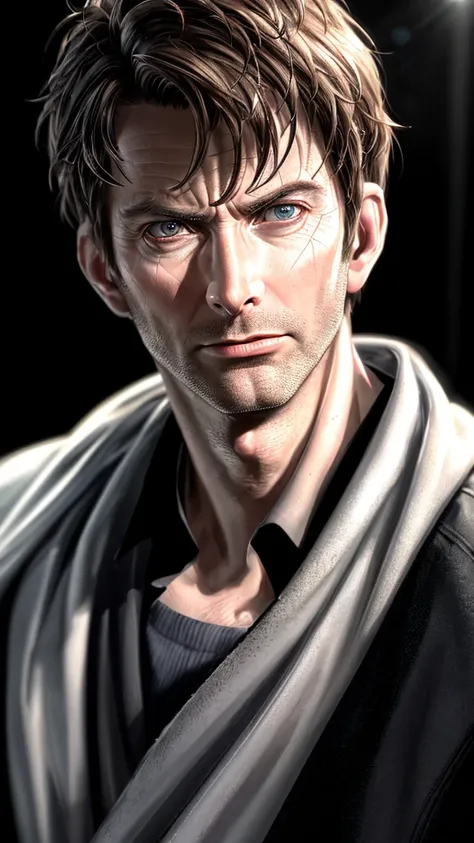 David Tennant, male superhero, short hair, hazel eyes, smirk, white skin, sexy, (best quality,4k,8k,highres,masterpiece:1.2),ultra-detailed,(realistic,photorealistic,photo-realistic:1.37),superhero,evil,villainous,intense gaze,detailed facial features,dram...