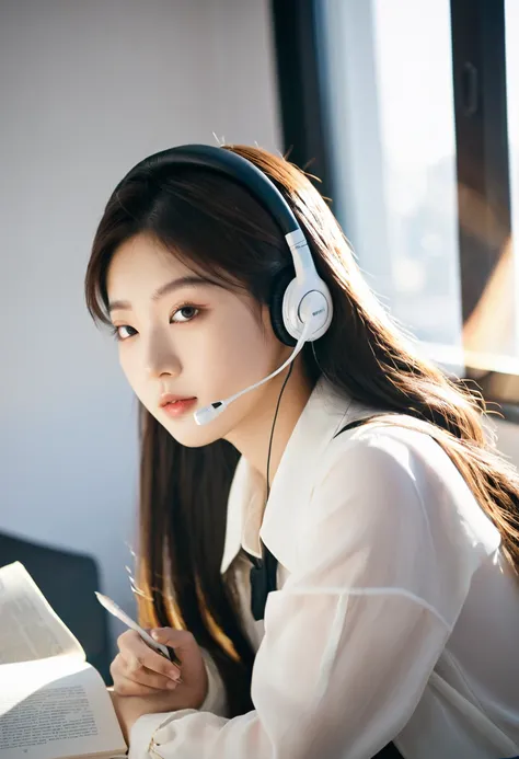 A 19-year-old Korean woman wearing headsets, long straight hair, sitting at her desk studying, sunlight coming through the windows,