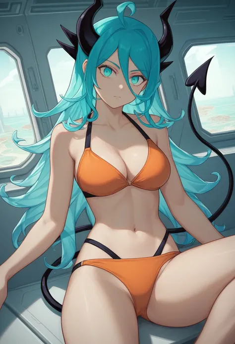 score_9, score_8_up, score_7_up,1 daemon woman, black  horns, black demon tail, (aquamarine hair),aquamarine green color hair,ahoge, long hair, (long hair),bangs, light orange bikini, bikini is orange, bikini orange, orange bikini!, (aquamarine eyes), back...