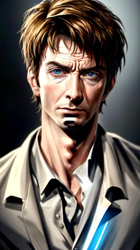 David Tennant, male superhero, short hair, hazel eyes, smirk, white skin, sexy, (best quality,4k,8k,highres,masterpiece:1.2),ultra-detailed,(realistic,photorealistic,photo-realistic:1.37),superhero,evil,villainous,intense gaze,detailed facial features,dram...