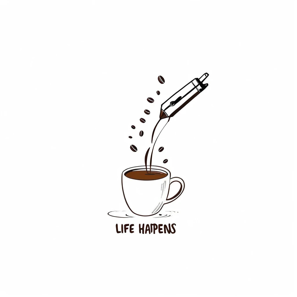 on white background a minimalist doodle of a coffee dropping from coffee mug, pens are dropping, leave are dropping. Text saying Life Happens, Coffee Helps - 