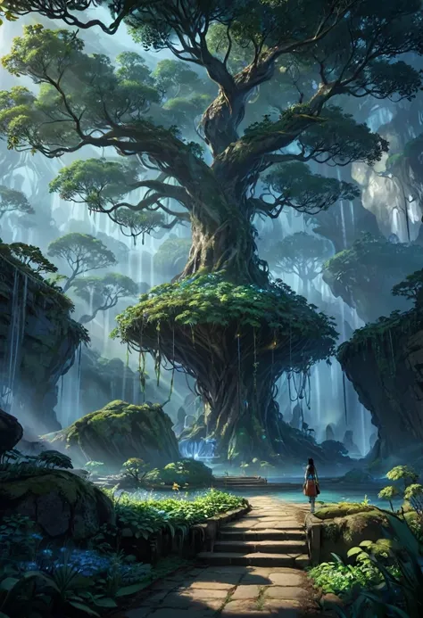 (based on the movie avatar), Scene where Naytiri the Female Na ́vi, is located in the town, in the hollow of the great tree, with illuminated hanging vines, (Intricate details of the high quality machine), cinematic style, absolute sharpness, 8k image.(Mas...