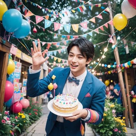 Create a creative and imaginative image of a kind-looking consul man wearing blue clothes and holding a birthday cake. Set him in an unconventional and whimsical setting, such as a magical garden with floating candles and colorful confetti raining down, or...