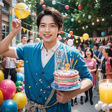 Create a creative and imaginative image of a kind-looking consul man wearing blue clothes and holding a birthday cake. Set him in an unconventional and whimsical setting, such as a magical garden with floating candles and colorful confetti raining down, or...