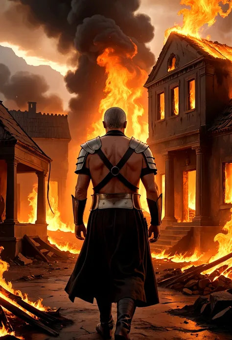 "A detailed image of Crassus walking away from the burning house, leaving the owner in despair. Flames and smoke create a dramatic background, highlighting Crassus&#39; merciless nature."
Size: "1024x1024"