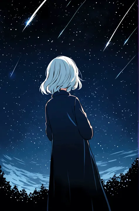 A silver-haired girl, Shooting star across the starry night sky.，Illustration style