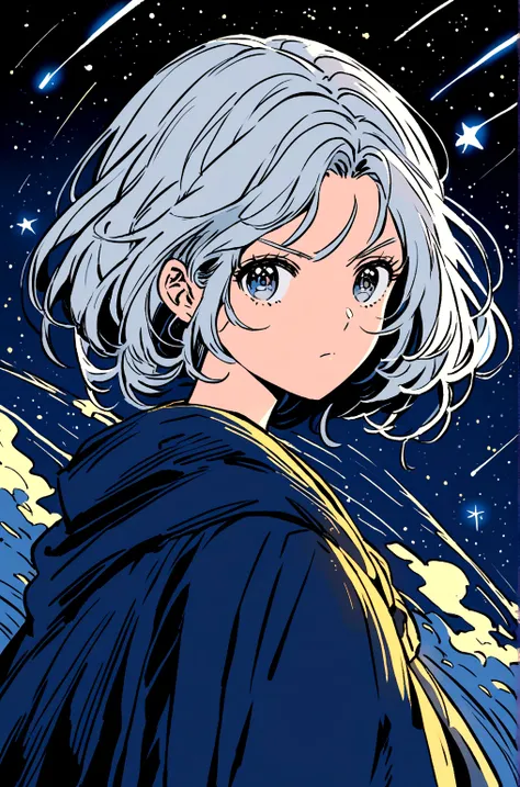 A silver-haired girl, Shooting star across the starry night sky.，Illustration style