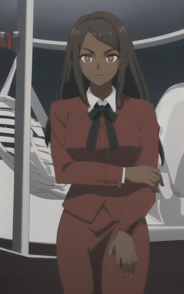 Dark skinned business women in a red blazer skirt suit with a blouse underneath 