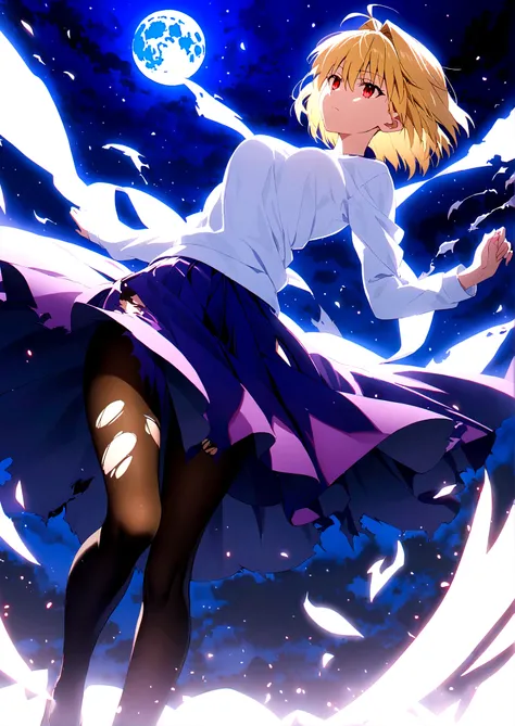 vampire girl on top of blue sky and behind full moon surrounded by night sky, arcueid brunestud, 1girl, solo, long skirt, blonde hair, skirt, moon, short hair, sweater, full moon, red eyes, pantyhose, torn clothes, purple skirt,arcueid