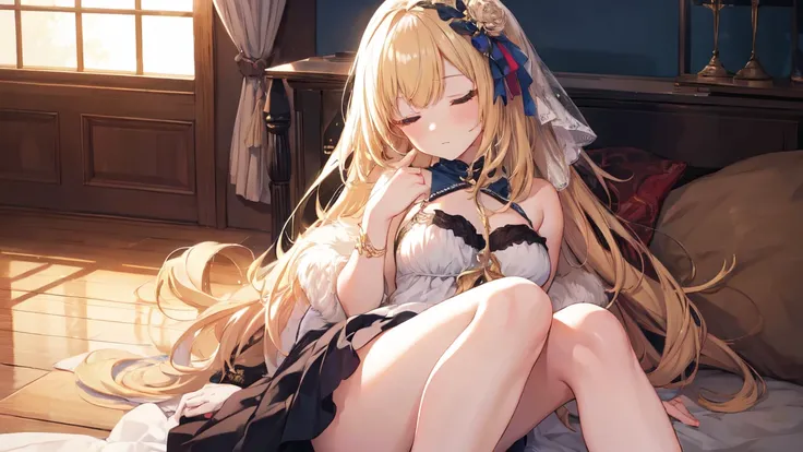 best quality，Super detailed，Perfect limbs，floor、mini skirt，Clothes with intricate details，Bright，Swimsuit，one person，blond，Sexy、Deep sleep、long hair、Stockings