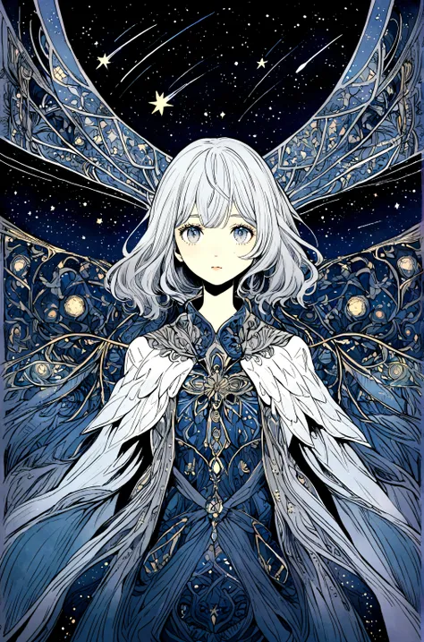 A silver-haired girl, Shooting star across the starry night sky.，Illustration style