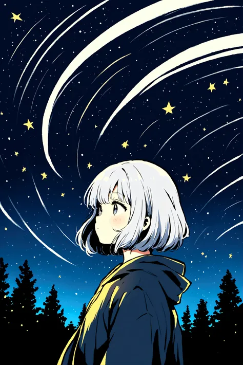 A silver-haired girl, Shooting star across the starry night sky.，Illustration style