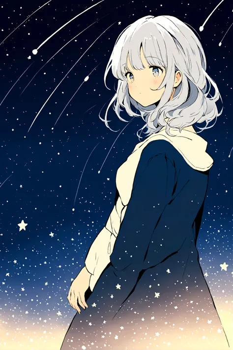 A silver-haired girl, Shooting star across the starry night sky.，Illustration style