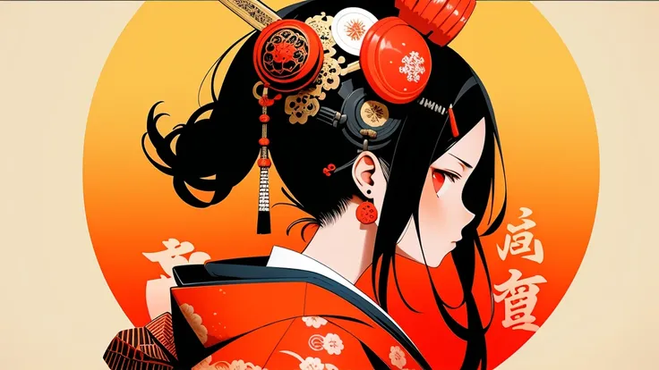 on inft, one girl, alone, black hair, jewelry, earrings, mask, red eyes, kimono, letterbox, kimono, profile, mask on head, flora...