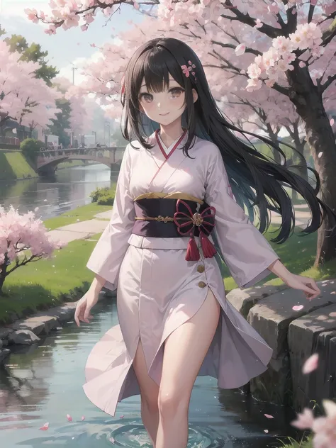 （Spring cherry blossoms and a woman、Long-sleeved kimono、Fluttering cherry blossom petals、Walking along the river）
Spring by the River、Long-sleeved kimonoを纏った女性がFluttering cherry blossom petalsの中をゆっくりと歩いている。彼女のLong-sleeved kimonoが風に揺れ、Cherry blossom petals ...