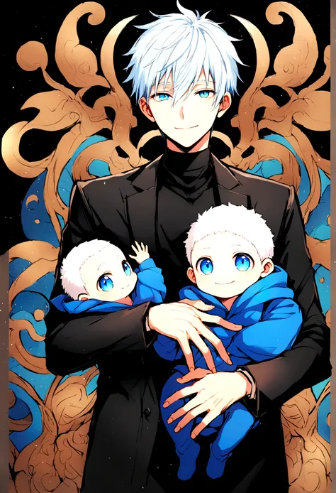 gojou satora, 1 chico, whole body, by white, Blue eyes, looking at the viewer, long neck, hair between the eyes, smiling, black jacket, holding a small baby in your arms