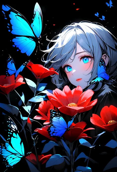 Close-up of a red flower，Red Red！！There are two butterflies on the flower, Black and light blue, flowers and butterflies, Black and blue color scheme, Selective color effects, Butterfly, Glowing blue butterfly, beautiful photo, stunning photo, Splash of Co...