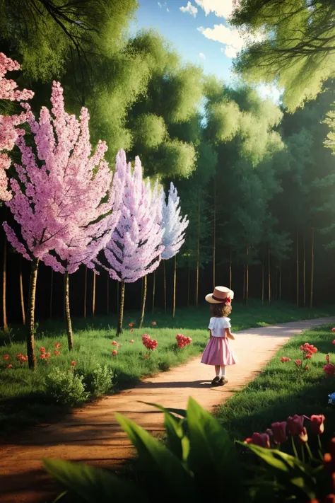 little 2-3 old years girl in forest surrounded by trees, flowers, birds, butterflies, 3d effect, 3d walt disney movie style