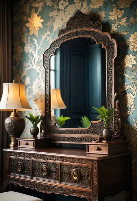 Close-up shot of an elegant vanity table in an Indochinese-style bedroom. The table features intricate wooden carvings and is topped with a vintage mirror framed in dark wood. The surface holds traditional decorative items and a few pieces of jewelry. The ...