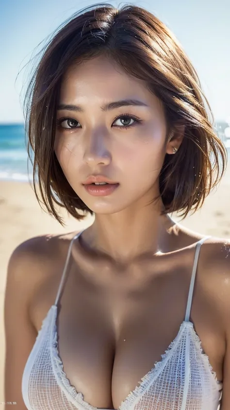 (Best quality, 8k, 32k, Masterpiece, UHD:1.2),Photo of Pretty Japanese woman, 1girl, (large breasts:1.1), (tall female), (slim figure:1.1), (lips), (medium-short dark brown hair), double eyelid, wet skin, realistic ray light, beach