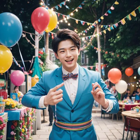 Create a creative and imaginative image of a kind-looking consul man wearing blue clothes and holding a birthday cake. Set him in an unconventional and whimsical setting, such as a magical garden with floating candles and colorful confetti raining down, or...