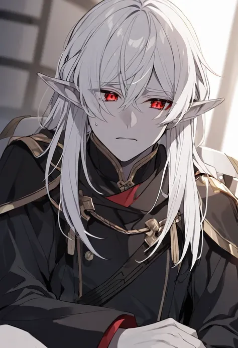 one young elf man, grey skin, white hair, red eyes dark clothes, tired, sad