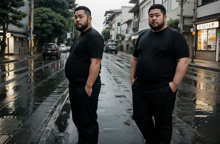 a 29-year-old Japanese chubby,  wearing black pants,  stands by the road. stocky bit chubby short beard　very short hair　rain