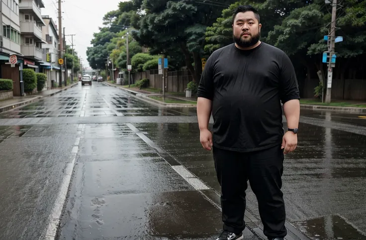 a 29-year-old Japanese chubby,  wearing black pants,  stands by the road. stocky bit chubby short beard　very short hair　rain