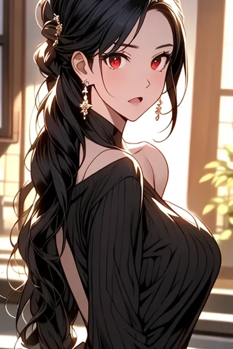 masterpiece, yor, 1girl, Bust A Cup, Amazing Cleavage:1.3, thin waist, big ass, Raised sexy, big breast: 1.2 posed cleavage:1.2、solo, looking at viewer, open mouth, have a cute grass of cute beergrass,black hair, red eyes, dress, bare shoulders, jewelry, c...